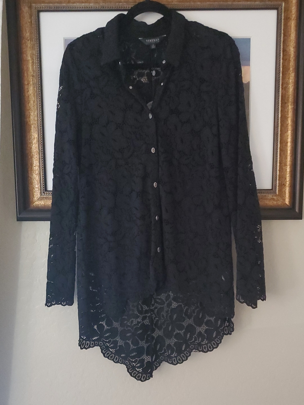 Vertigo Black Floral Lace Snap Button-Down Blouse